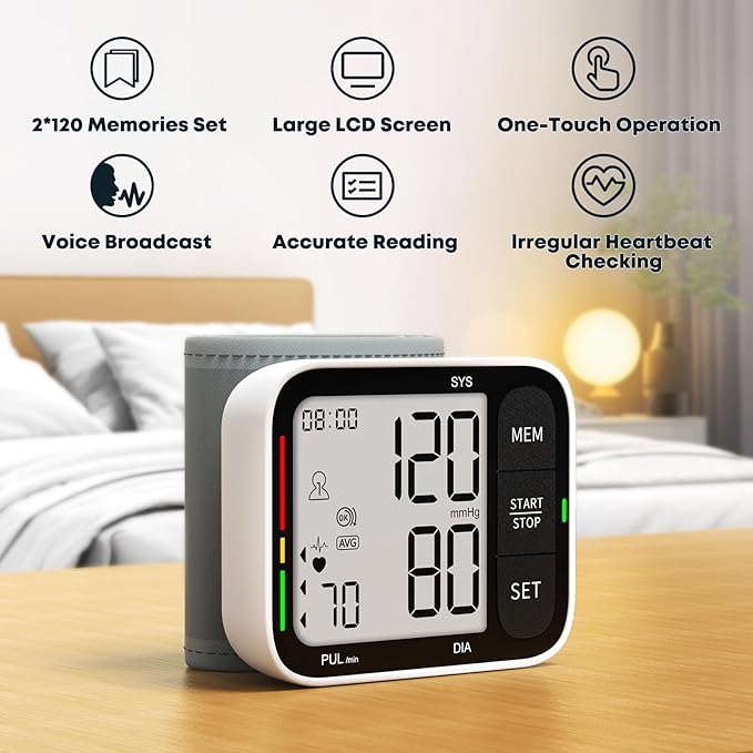 Blood Pressure Cuff Wrist, Universal Bp Cuff(5.3-8.4in) Large LCD Display 2 Users Total 240 Memories, 2 AAA Batteries & Carrying Case Included
