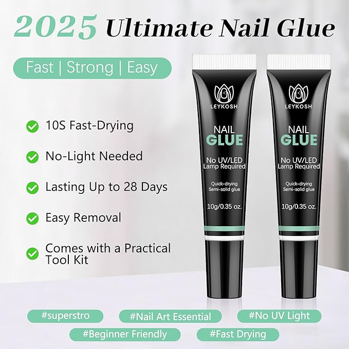 Nail Glue for Press Ons, 10s Fast-Drying No U V Light Needed - Upgrade Super Strong Semi Solid Nail Glue Last Up to 28+ Days & Easy to Remove, 10g*2 High Capacity Suitable for Fake & Acrylic Nail Tips