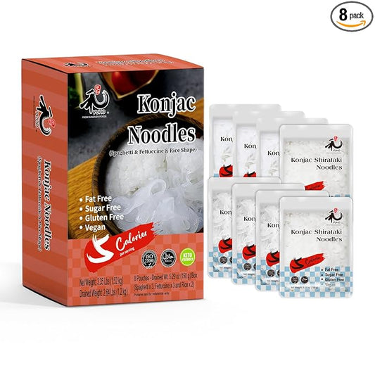 YUHO Konjac Shirataki Noodles Variety Spaghetti Fettuccine Rice Pasta Keto Ready to Eat Vegan Gluten Free Low Carb Calorie Sugar Free Plant-Based Noodle, 8 Pack, 53.61 Oz