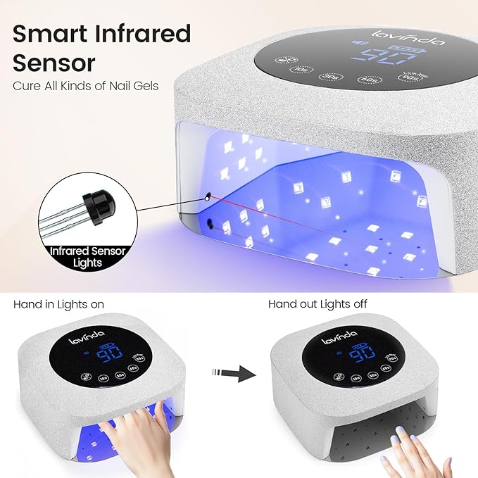 Lavinda UV LED Nail Lamp 54W, Frosted Silver Glitter Rechargeable Cordless Nail Dryer Gel Light with 4 Timer Settings for Gel Polish Nails, Elegant Matte Shimmer Finish, Auto Sensor for Salon & Home