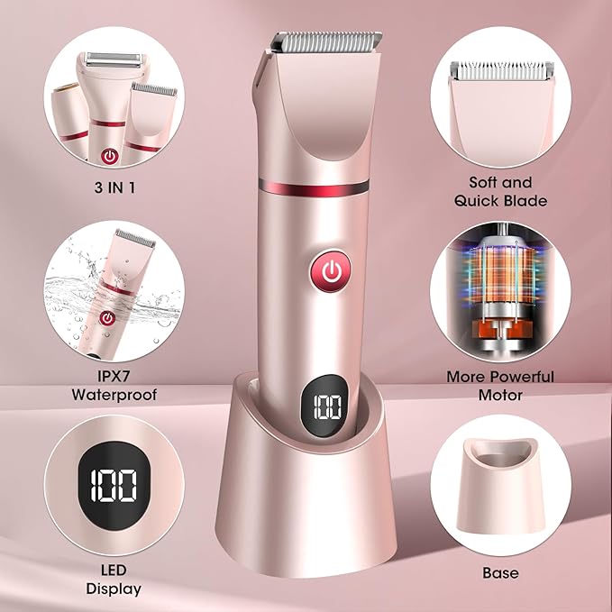 Bikini Trimmer for Women- 3 in 1 Painless Electric Razors for Women,Waterproof Pubic Hair Trimmer and Facial Hair Remover,LCD Display Body Shaver for Trip,Rechargeable Women's Grooming Kit