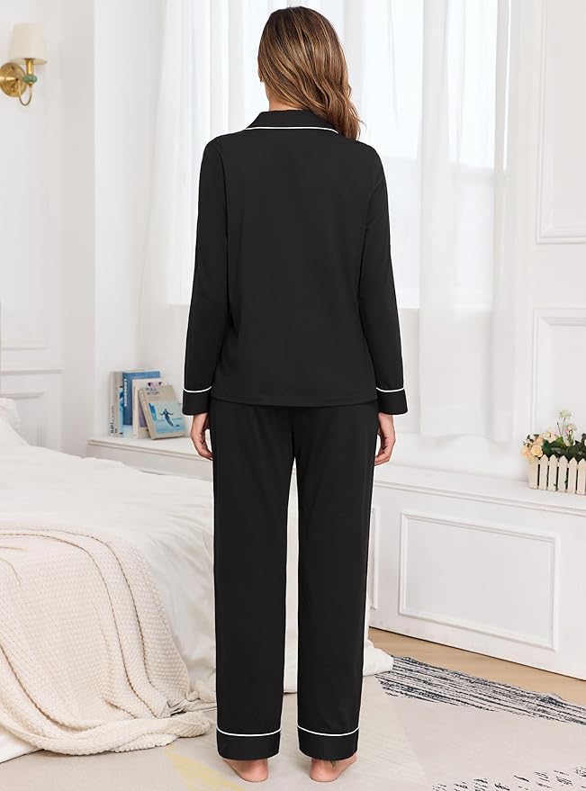 Veseacky 100% Cotton Pajamas for Women Set Long Sleeve Button Down Sleepwear Soft Pjs Lounge Sets with Pockets S-XXL