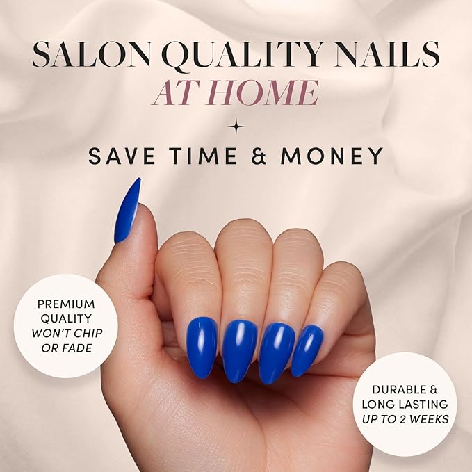 Glamnetic Press On Nails - Cobalt Blue | Opaque Bright Vibrant Blue Short Almond Fake Nails, Salon Quality | 15 Sizes - 30 Nail Kit