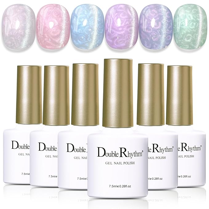 Double Rhythm Cat Eye Gel Polish Set 6 Colors Shimmer Glitter with Magnet Holographic Reflective Magnetic UV Nail Art Kit (Pearl Pink Blue Green Purple 6-Kit 44)
