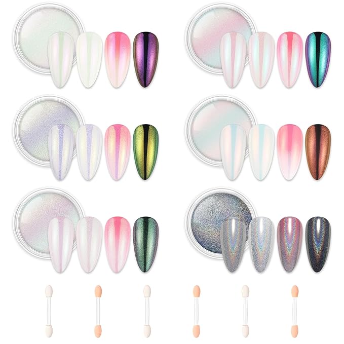 AIMEILI Pearl Chrome Nail Powder, Vegan, Cruelty Free, 6 Colors Aurora Metallic Holographic Mirror Effect Nail Art Pigment Iridescent Shell Glitter Nail Art