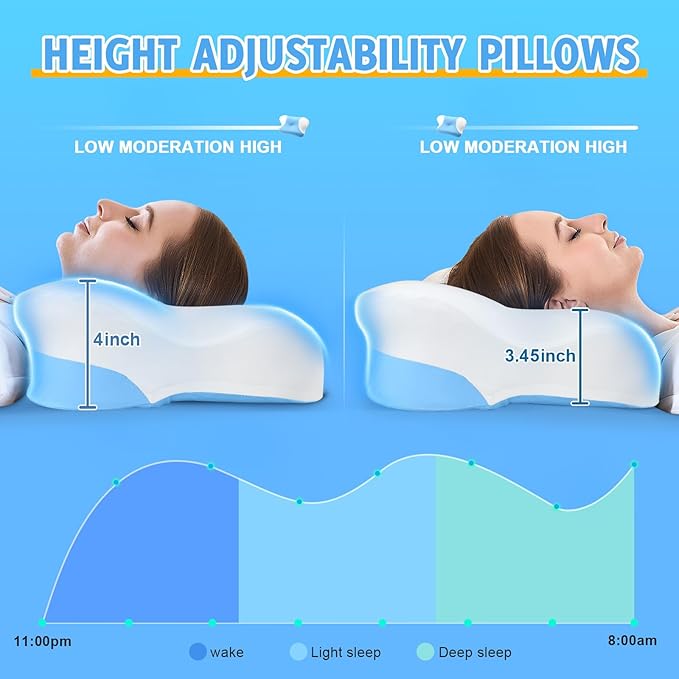 Cervical Neck Pillows with Memory Foam - Ergonomic Neck Support Pillows for Pain Relief Contour Memory Foam - Adjustable Orthopedic Bed Pillows with Cooling Breathable Pillowcase for Sleeping - Blue