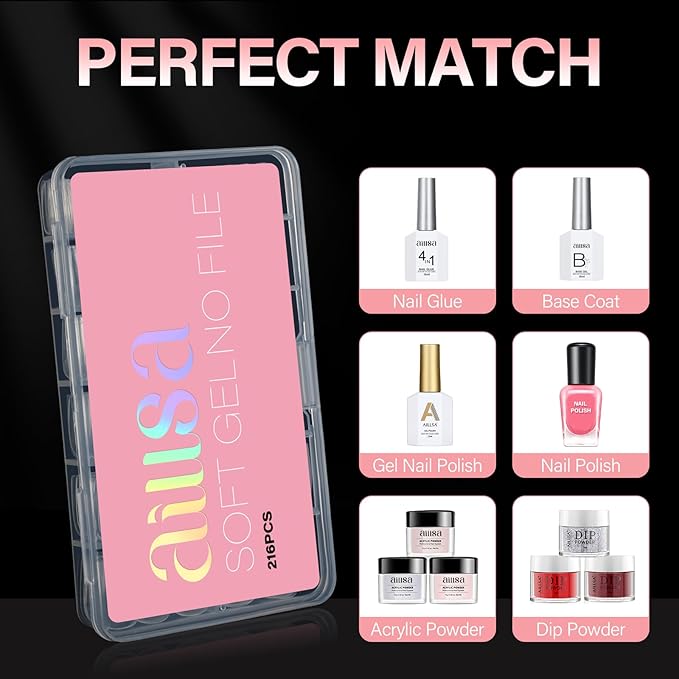 AILLSA Short Square Nail Tips Full Cover Clear Gelly Tips Half Matte Acrylic Tips Pre-Filed Fake Press on Nail Tips for Extension Home DIY Salon Manicure 216PCS 12 Sizes