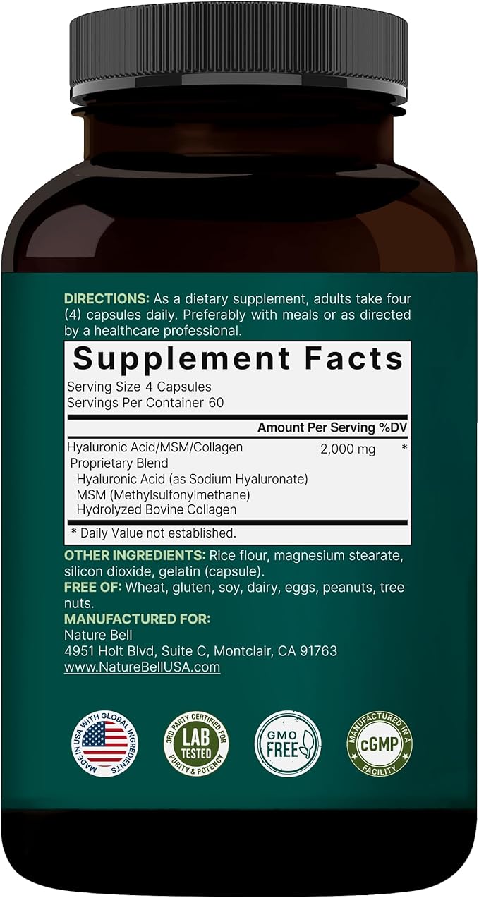NatureBell Hyaluronic Acid Supplements 2,000 mg | 240 Capsules, with MSM & Hydrolyzed Bovine Collagen – 3 in 1 Support for Skin Hydration, Joint Lubrication, Hair, and Eye Health