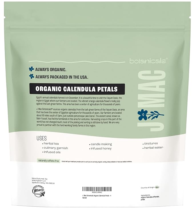 J Mac Botanicals, Organic Calendula Petals (4 oz) edible dried flowers, pairs well with rose petal for ice cubes, cooking, beverages, and bath bombs