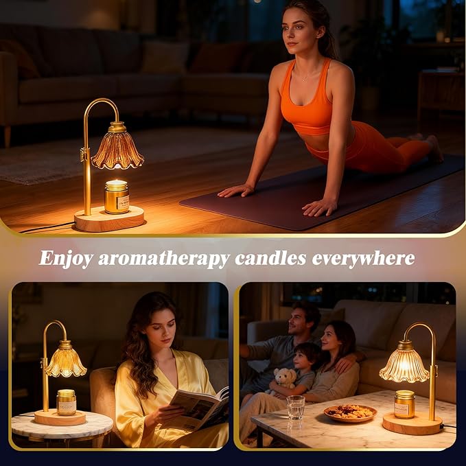 Candle Warmer Lamp with Adjustable Height - Flameless 4-Level Dimmable Wax Warmer with Colorful Glass Shade & Wooden Base, Timer Function & Stylish Design in Multiple Colors (Brown)