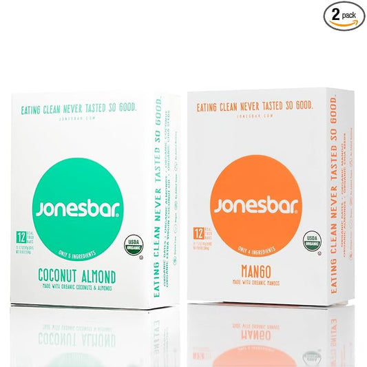 JONESBAR (Tropical Pack, 24 Bars (2 Boxes)) USDA Organic Fruit & Nut Bar, Non-GMO, Kosher, Vegan, Gluten Free, Simple Snack Bar