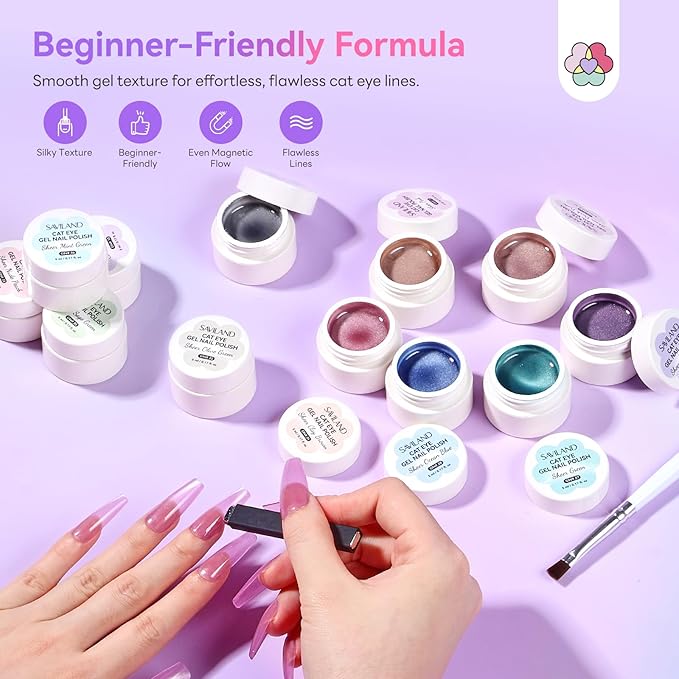 SAVILAND Cat Eye Gel Nail Polish: 12 Colors Shimmer Glitter Cateye Gel Polish Art Delicate Magnetic Nail Polish Pen Quick Dry with Magnet Stick Smooth DIY Manicure Salon Velvet Nails 5ml