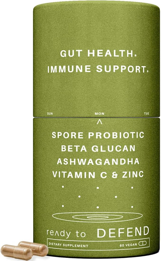 Defend Immune & Gut Support – Spore Probiotic DE111®, Beta Glucan, Ashwagandha – Supports Immunity, Gut Health, Stress & Bloating Relief Supplement – 60 Capsules