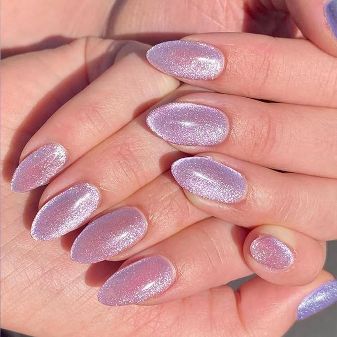 GLAMERMAID Pure Purple Magnet Cat Eyes Press on Nails Short Almond, Handmade Jelly Gel Fake Nail Kits, Ombre Glitter Magnetic Glue on Nail Stiletto，Aurora Medium Oval Stick on False Nail Set for Women