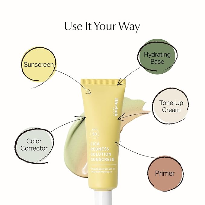 Meebak Cica Redness Correcting Sunscreen SPF 50 | Color-Correcting Moisturizer & Tone-Perfecting Primer with Niacinamide & Centella Asiatica | For Fair-to-Medium Skin Tones | Korean Skin Care