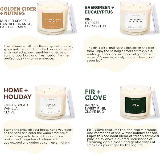 Calyan Wax Co. Holiday Scented Candle Set, Holiday Bundle of 4 Scented Candles, Bulk 3 Wick Candles, Non Toxic & Vegan Soy Wax, Candle Gift Set, 43 Hour Burn Time, 14.9oz Each