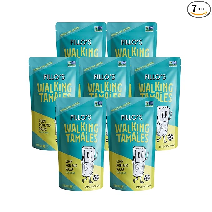 Fillo's Walking Tamales Corn Poblano Rajas, Pk of 7, Ready-to-Eat, Delicious, Gluten-Free, Preservative-Free, Vegan Friendly, Microwavable, Non-GMO
