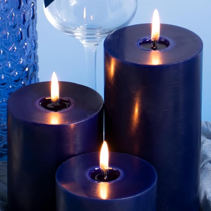 KONNI Navy Blue Pillar Candles Set of 3, 3"x 6" Unscented Pillar Candles Bulk, 56 Hours Long Burning Candles, Smokeless&Dripless Large Round Candle for Wedding, Home Decoration, Parties, Spas, Dinner