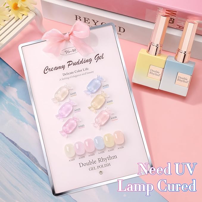 Double Rhythm 6 Pcs 15 ML Gel Polish Set Same Color Same Bottle Soak Off Gel Polish Kit Nail Art Manicure Salon DIY at Home for Women (Jelly Blue Purple Nude Pink-T6-40)