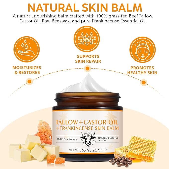 2Pack Tallow, Castor Oil and Frankincense Oil Skin Balm, 100% Grass-Fed Tallow for Face & Body Moisturizer, Deep Moisturizing Cream, Moisturizer for Dry, Cracked Skin, All Skin Types