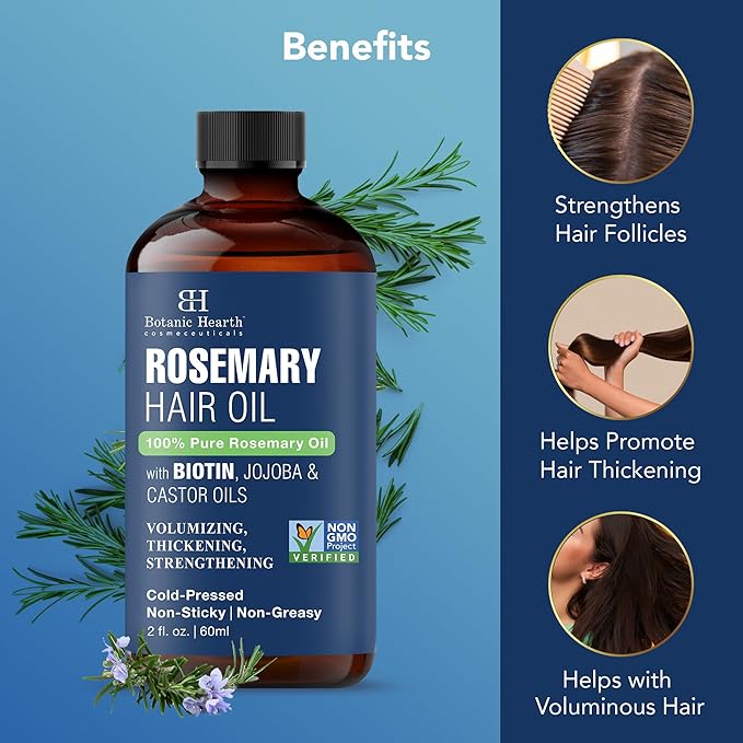 Botanic Hearth 100% Pure Rosemary Oil For Hair Growth | Infused with Biotin, Jojoba & Castor Oil | Hair Oil Repairs Dry Damaged Hair, Strengthening, Healthier - Hair Tonic, 2.0 fl oz