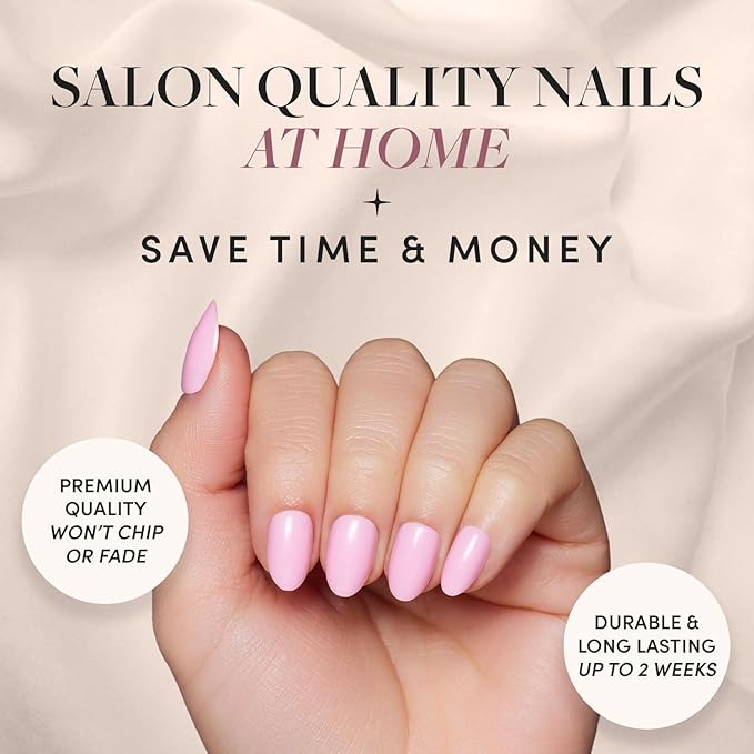 Glamnetic Press On Nails - Think Pink | Solid Opaque Light Pastel Pink Short Oval Nails, Salon Quality | 15 Sizes - 30 Nail Kit