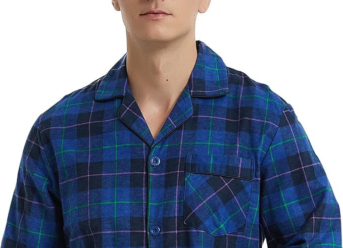 GLOBAL Men's Pajamas Sets 100% Cotton Flannel Sleepwear Long-Sleeve top & Bottom
