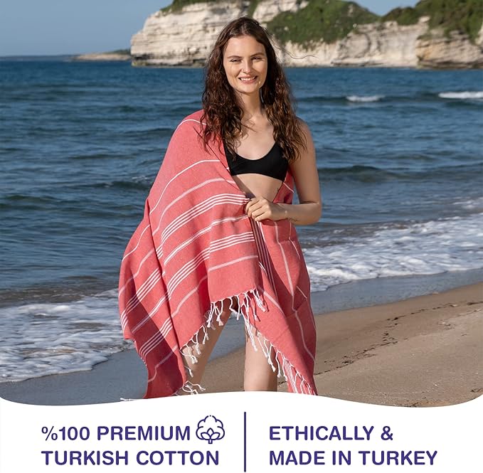 Turkish Beach Towels, Pack of 4 | Oversized, Quick Dry, Sand Free | 100% Cotton, Large 38x71 Towels for Beach, Pool, Travel | Ultra-Soft, Compact, and Absorbent | Red