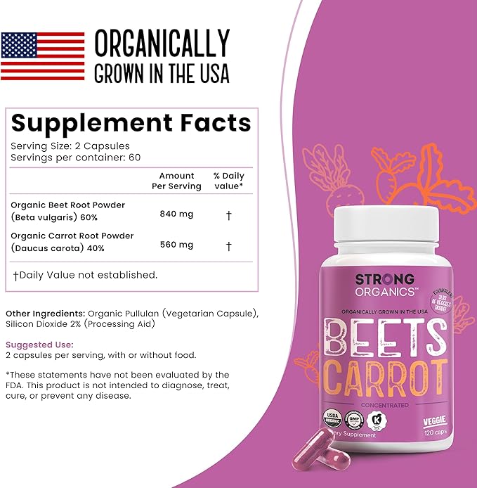 Stong Organics Beet & Carrot Capsules | Potent Nitric Oxide Booster for Circulation, Energy & Heart Health | USA Grown Superfood Blend with 60% Beets & 40% Carrots | 120 Vegan Caps