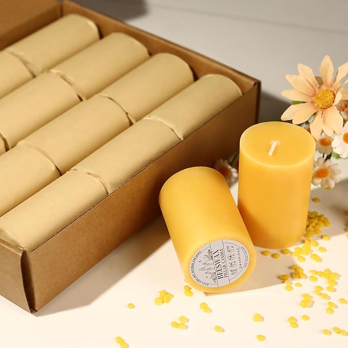 12 Pack Natural Beeswax Pillar Candles,100% Pure Beeswax Candles-384 Hours Long Burning,Unscented Bees Wax Candles for Home,Prayer,Emergency,Dripless Smokeless Organic Pillar Candles Bluk-2x3in