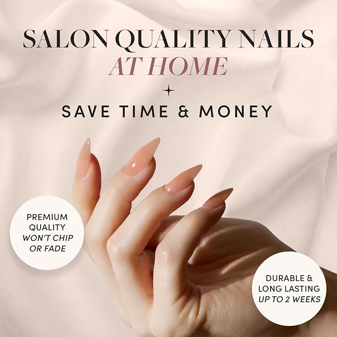 Glamnetic Press On Nails - Sheer Peach | Medium Almond Fake Nails, Sheer Peach Pink Neutral, Salon Quality | 15 Sizes - 30 Nail Kit Wtih Glue