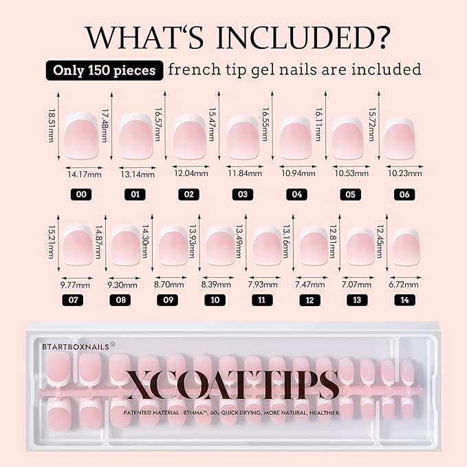 BTArtboxnails XCOATTIPS French Gel Nails - French Tip Press on Nails Pink Extra Short Square Shape Nail Tips, Fake Nails Extensions Nail Art DIY
