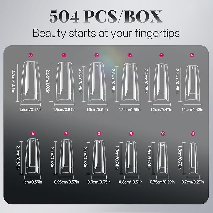 krofaue 504PCS Clear Fake Nails - Half Cover French Nail Tips 12 Sizes Acrylic Soft Gel Square False Tips Gift for Nail Extension DIY & Salon