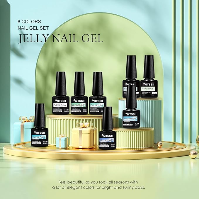 MTSSII Jelly Green Blue Gel Nail Polish Set, 8 Transparent Sage Green Baby Blue Gel Polish Matcha Avocado Soak Off Nail Art Design Home Manicure Kit Gifts