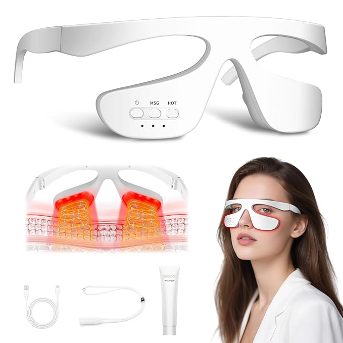 Under-Eye Light Therapy Device, Beauty Device with Pulsed, Light Therapy, and Heat, for Relieving Eye Bags, Eye Fatigue, and Dark Circles, with Gel and glass Strap (white & 3 modes)