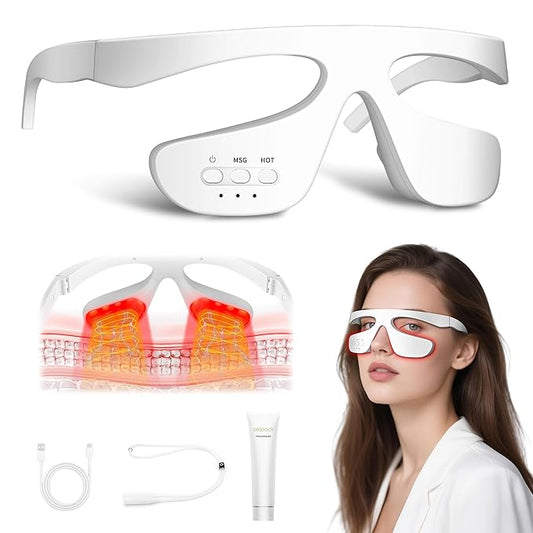Under-Eye Light Therapy Device, Beauty Device with Pulsed, Light Therapy, and Heat, for Relieving Eye Bags, Eye Fatigue, and Dark Circles, with Gel and glass Strap (white & 3 modes)