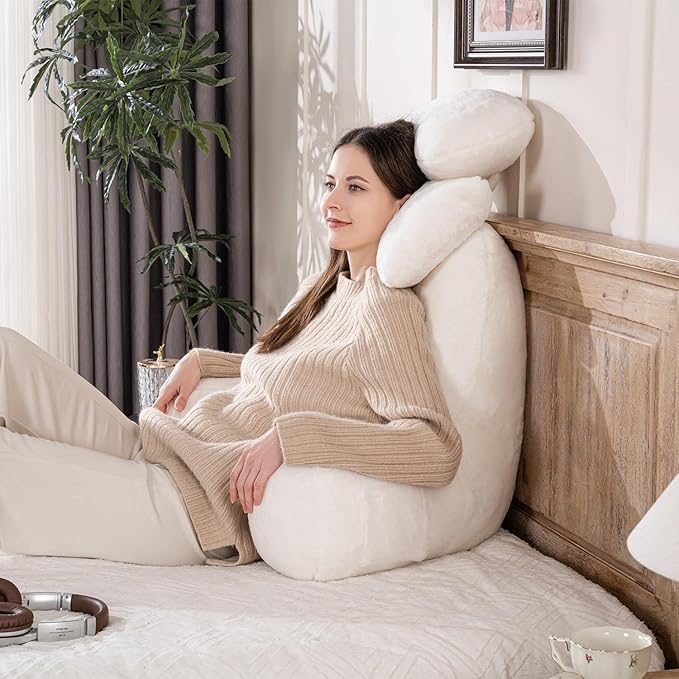 NOONTIDE Reading Pillow for Sitting up in Bed and Couch,32" X-Large Back Pillow for Adult & Teens with Soft Adjustable Neck Roll Backrest Pillow,Washable Cover,Watching TV/Gaming/Relaxing(FurryWhite)