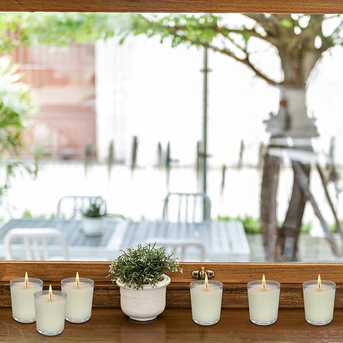 48 Pack White Unscented Clear Glass Filled Votive Candles. Hand Poured Wax Candle Ideal Gifts for Spa Weddings Birthdays Holidays Party