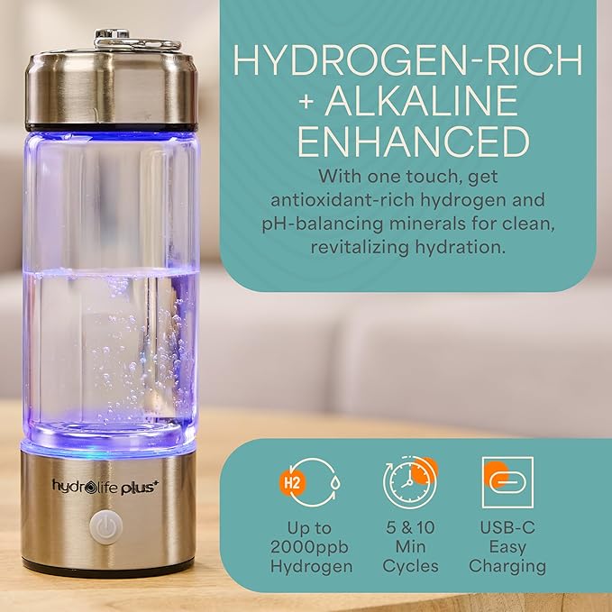Lifepro HydroLife Plus Alkaline + Hydrogen Water Bottle Generator – SPE/PEM Technology with Water Ionizer Filter – Portable Rechargeable Glass Bottle for Daily Wellness – 420ml Capacity