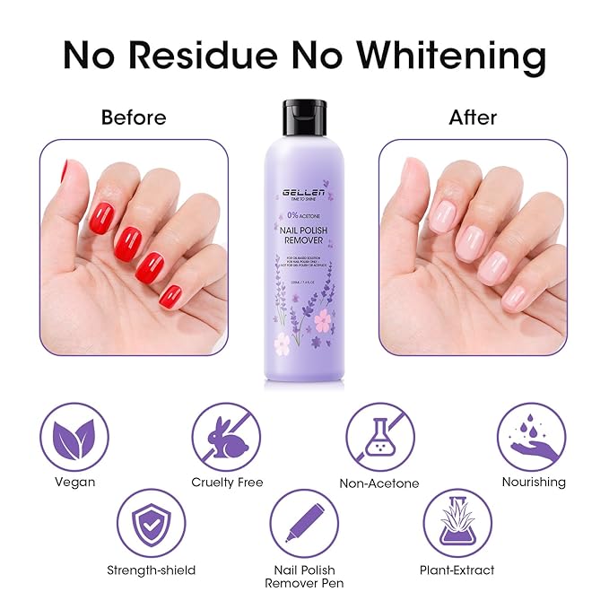 Gellen Nail Polish Remover Set Lavender Scent – Formula with Aloe & Vitamin E, Includes Precision Corrector Pen & 3 Replacement Tips, Acetone-Free & Non-Drying for Regular Nail Polishes