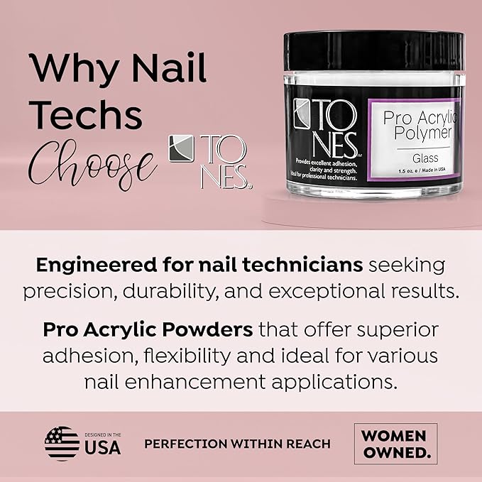 Tones Pro Acrylic Nail Powder, Glass (Clear), (8.5 Fl Oz) - Long-Lasting & Non-Yellowing Polymer for Salon Quality Nail Extensions & 3D Art