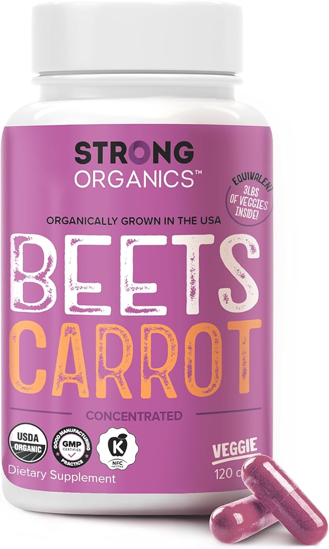 Stong Organics Beet & Carrot Capsules | Potent Nitric Oxide Booster for Circulation, Energy & Heart Health | USA Grown Superfood Blend with 60% Beets & 40% Carrots | 120 Vegan Caps