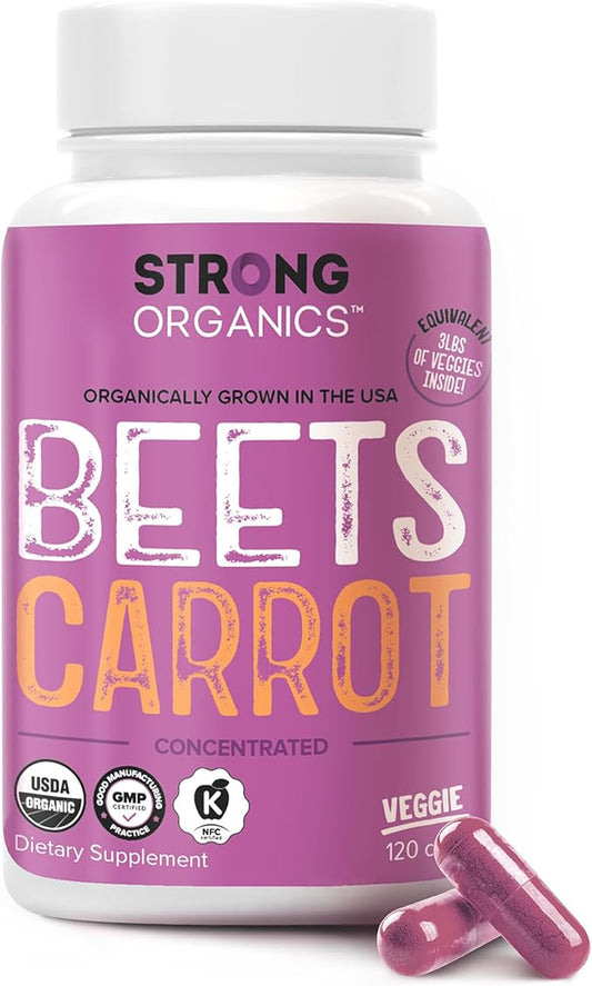 Stong Organics Beet & Carrot Capsules | Potent Nitric Oxide Booster for Circulation, Energy & Heart Health | USA Grown Superfood Blend with 60% Beets & 40% Carrots | 120 Vegan Caps