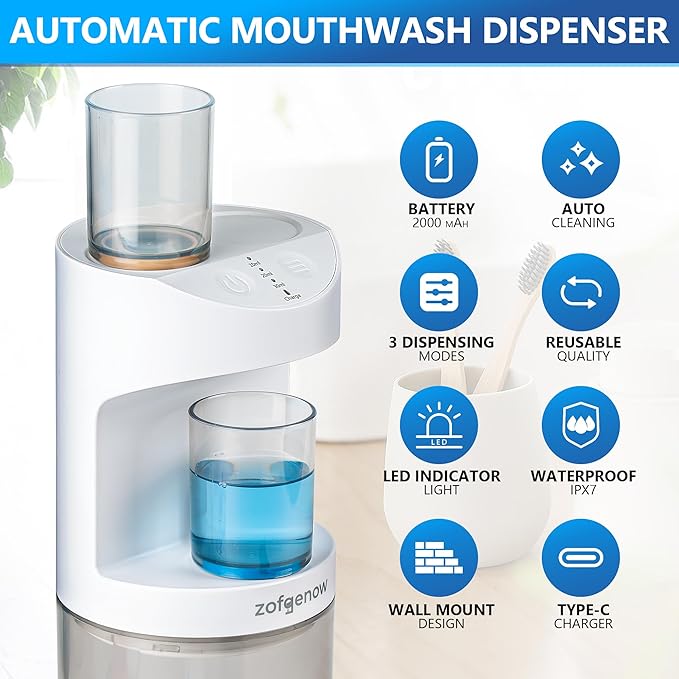 Automatic Mouthwash Dispenser for Bathroom,Bathroom Accessories 19.4 Fl Oz Dispensers with Magnetic Cups,Wall Mounted Dispenser,Suitable for All Age Groups,White