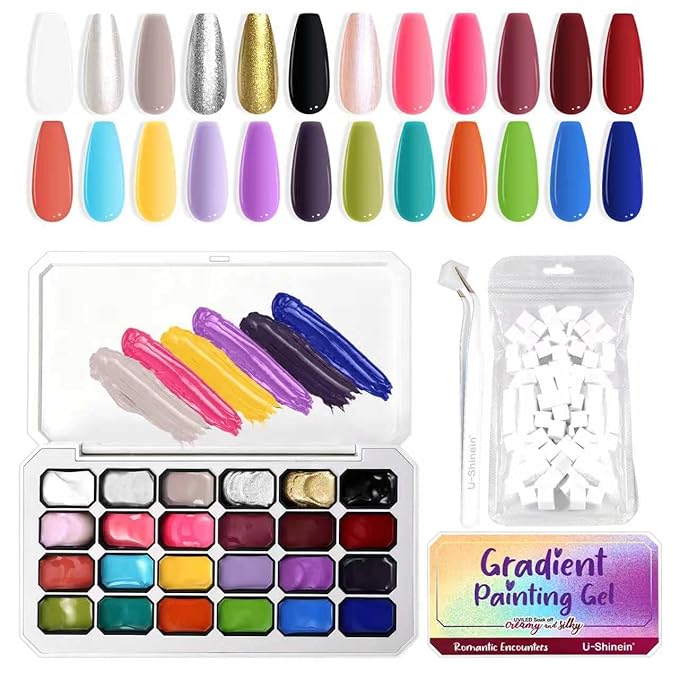 Gradient Painting Gel, 24 Bright Glitter Gold&Silver Black&White Pearlescent Colors Ombre Gel Nail Polish for Light Pigment Pat Nail Gel Kit French Manicure No-wipe DIY Nail Art Soak of UV A