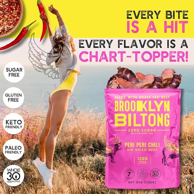 Brooklyn Biltong Air Dried Grass Fed Beef Snack, South African Beef Jerky (8 oz, Pack of 1) - Whole30 Approved, Paleo, Keto, Gluten Free, Sugar Free, Made in USA - (Peri Peri)