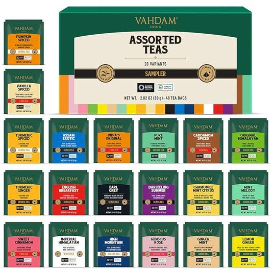 VAHDAM, Assorted Tea Sampler (20 Delicious Variety, 40 Individually Wrapped Pyramid Teabags) Long Leaf Premium Teas I Tea Gift Set I Gift Ideas for Lovers | Gifts for Him/Her
