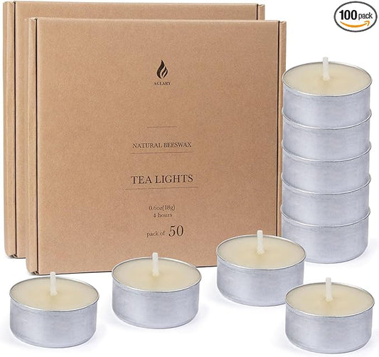 100-Pack Pure Beeswax Tealight Candles in Aluminum Cups - 4-5 Hour Burn Time, Lead-Free Cotton Wick, Natural Unscented Candles，White