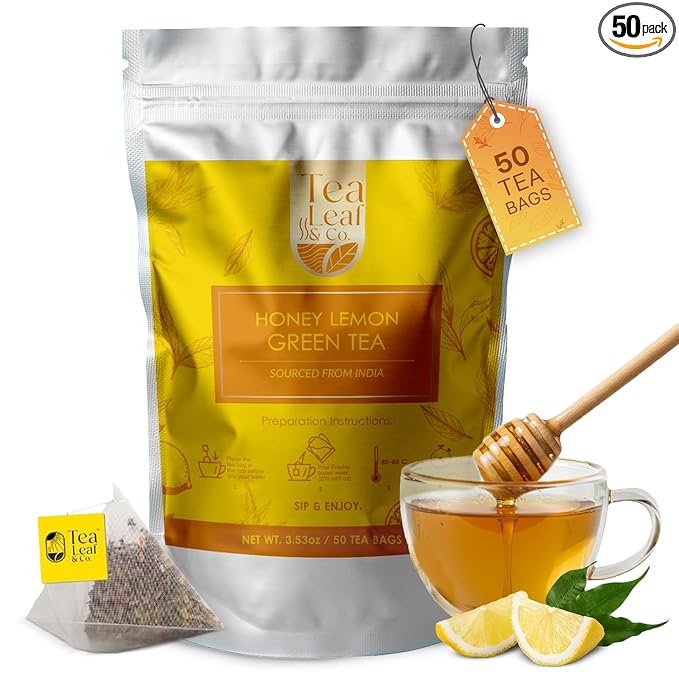 Honey Lemon Green Tea Bags (50 Count), Chamomile, Lemon & Honey Extract, Caffeinated, Real Green Tea, Blended Herbs & Spices, Gluten Free