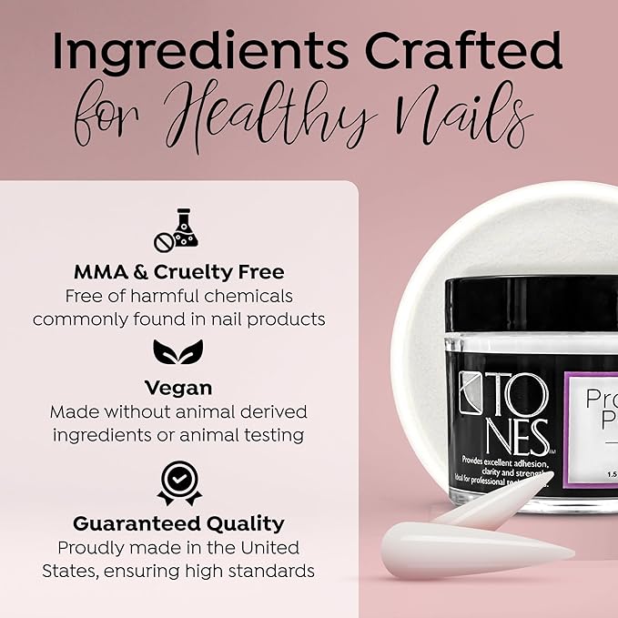 Tones Pro Acrylic Nail Cover Powder, Glass (Clear), (3.5 Fl Oz) - Bubble Free Long-Lasting & Non-Yellowing Polymer Acrylic Nail Powder for Salon & Home Quality Nail Carving Extensions & 3D Art